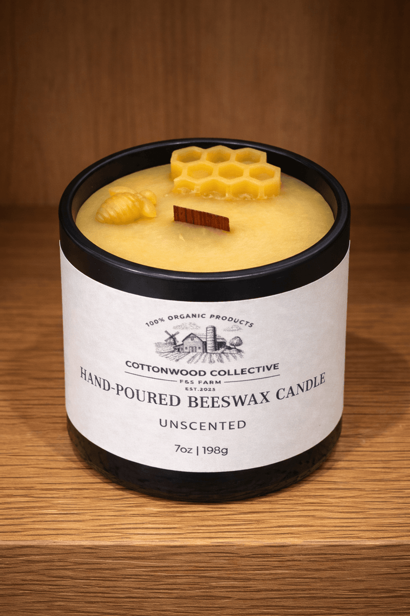 Hand-poured 100% pure beeswax candle with wood wick — non-toxic, clean-burning by Cottonwood Collective