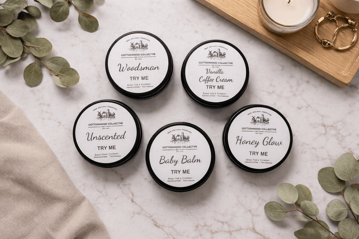 Tallow skincare sampler gift set — try all 5 scents of grass-fed, non-toxic skincare by Cottonwood Collective